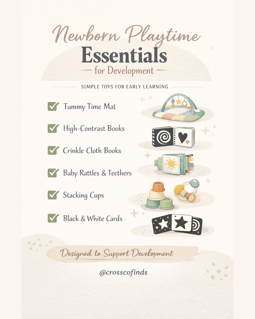 Newborns don’t need a playroom full of toys… they need the right ones 🤍In the early months, babies learn through:
• sight 👀
• touch ✋
• sound 🔊
• movement 🤸‍♀️That’s why simple, sensory-based toys make the biggest impact.I put together a list of newborn playtime essentials that actually support development (and won’t overwhelm your baby).Think:
✔️ Tummy time mats
✔️ High-contrast books
✔️ Crinkle toys
✔️ Rattles + teethers
✔️ Stackable cupsThese are the kinds of toys that grow with your baby.Save this for later or add it to your registry 🤍🔗 Link in bio