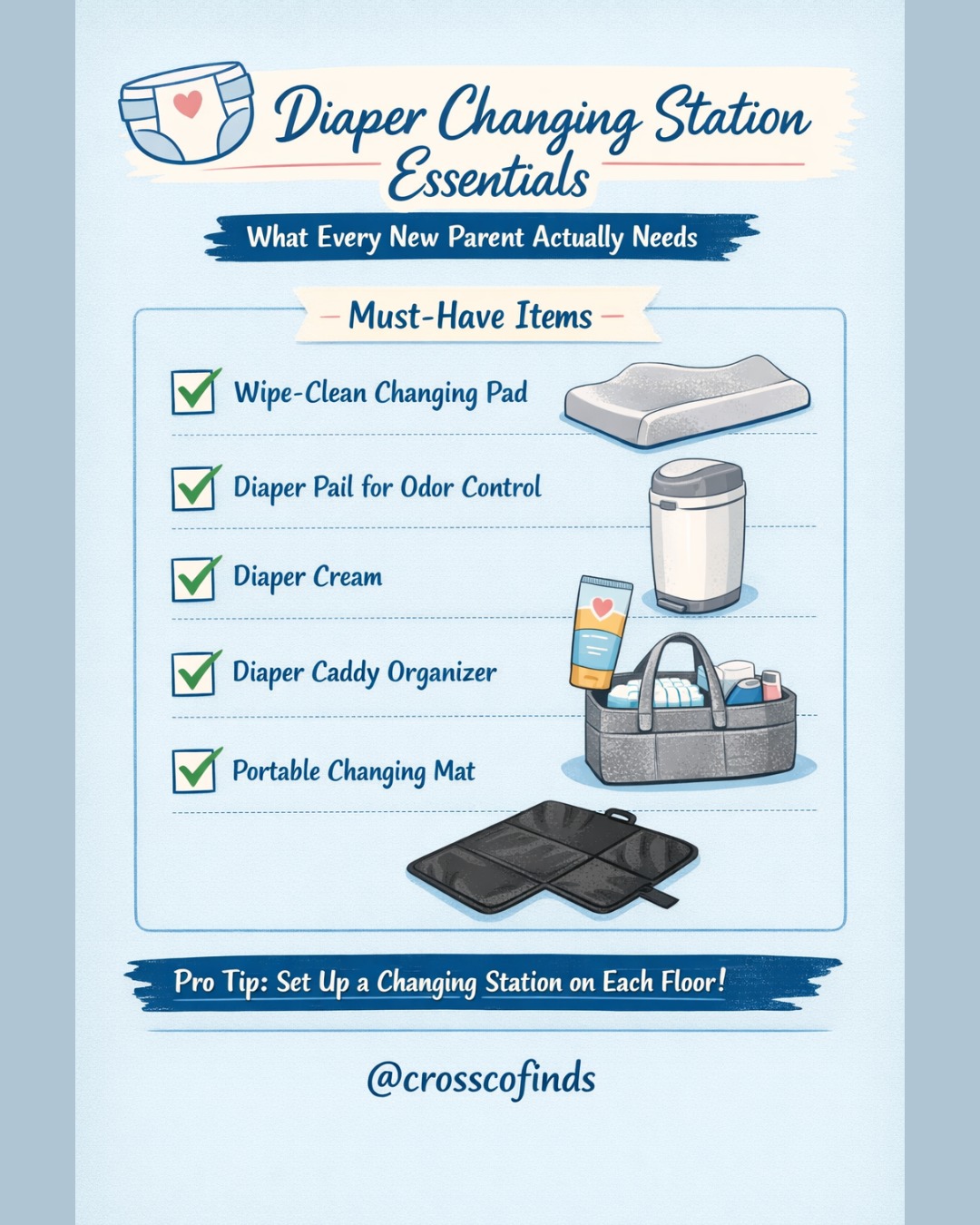 Diaper changes are basically a full-time job in those newborn weeks 😅 (we’re talking 10–12 a day!)Setting up a simple, organized diaper changing station can make a huge difference — especially when you're running on no sleep.Here are the essentials that actually make life easier:
✔ Wipe-clean changing pad
✔ Diaper pail (odor control = lifesaver)
✔ Diaper cream (keep it within reach!)
✔ Diaper caddy for grab-and-go organization
✔ Portable changing mat for anywhere changes💡 Pro tip: If you have more than one floor, set up TWO stations. Your future self will thank you.You don’t need anything fancy — just a few smart essentials that save time, stress, and energy.🔗 Check the full list + recommendations at the link in bio